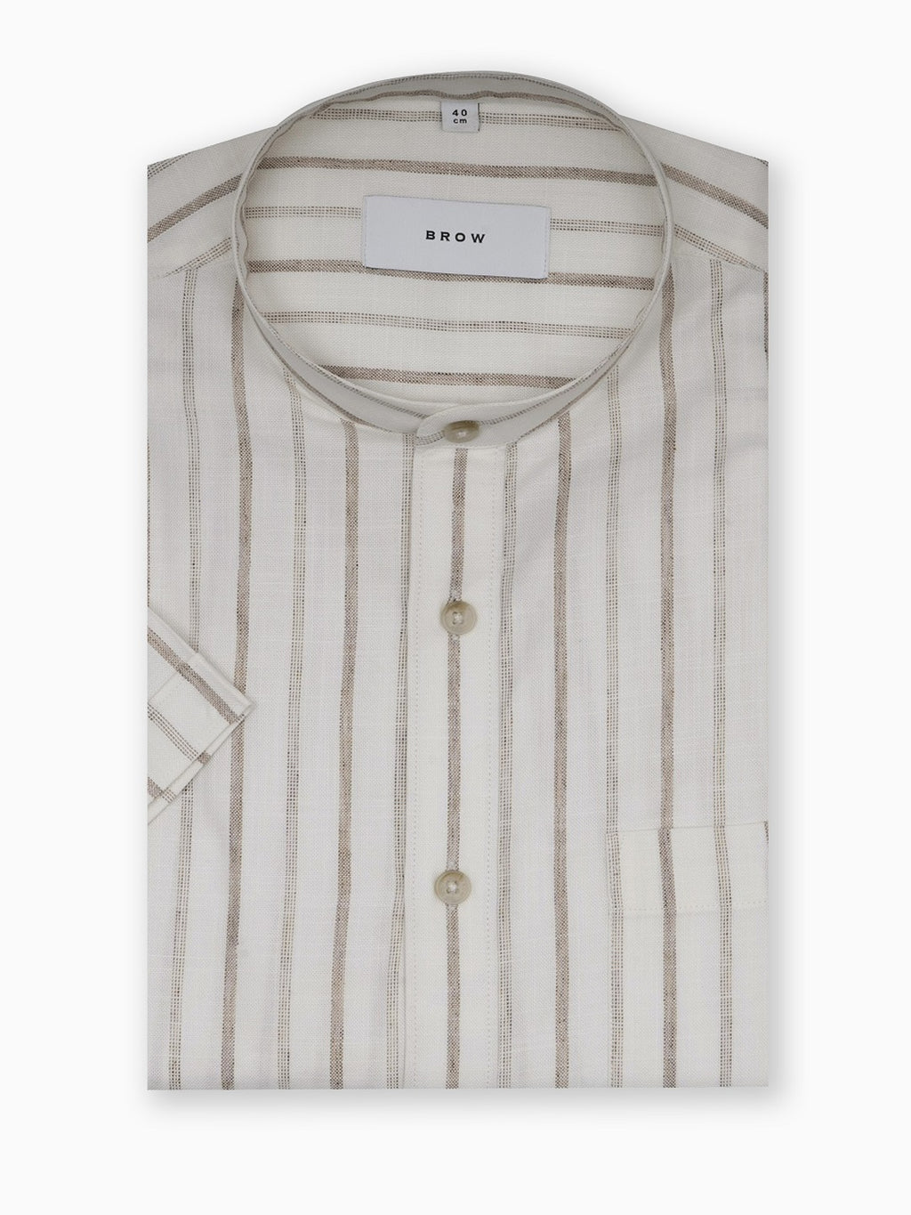 Airlight White & Natural Beige Wide Stripe Cotton Linen Half Sleeve Mandarin Collar Shirt