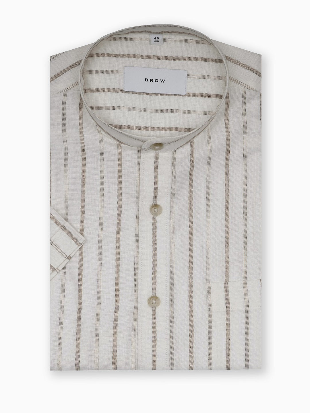Airlight White & Natural Beige Wide Stripe Cotton Linen Half Sleeve Mandarin Collar Shirt