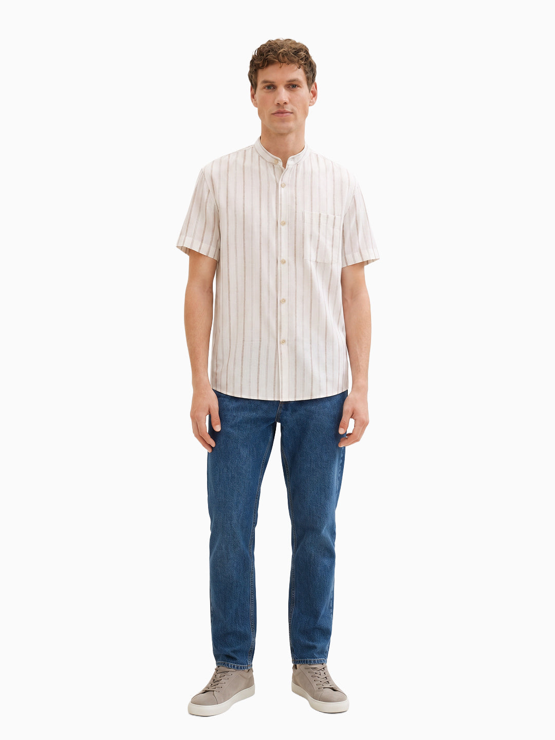 Airlight White & Natural Beige Wide Stripe Cotton Linen Half Sleeve Mandarin Collar Shirt