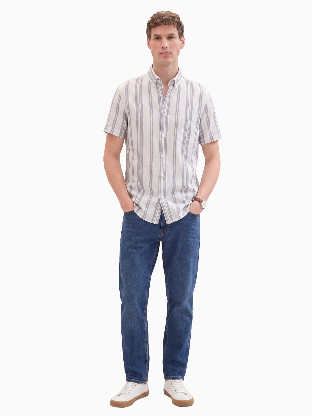 Regiment Beige Bold Stripe Cotton Linen Half Sleeve Button Down Shirt