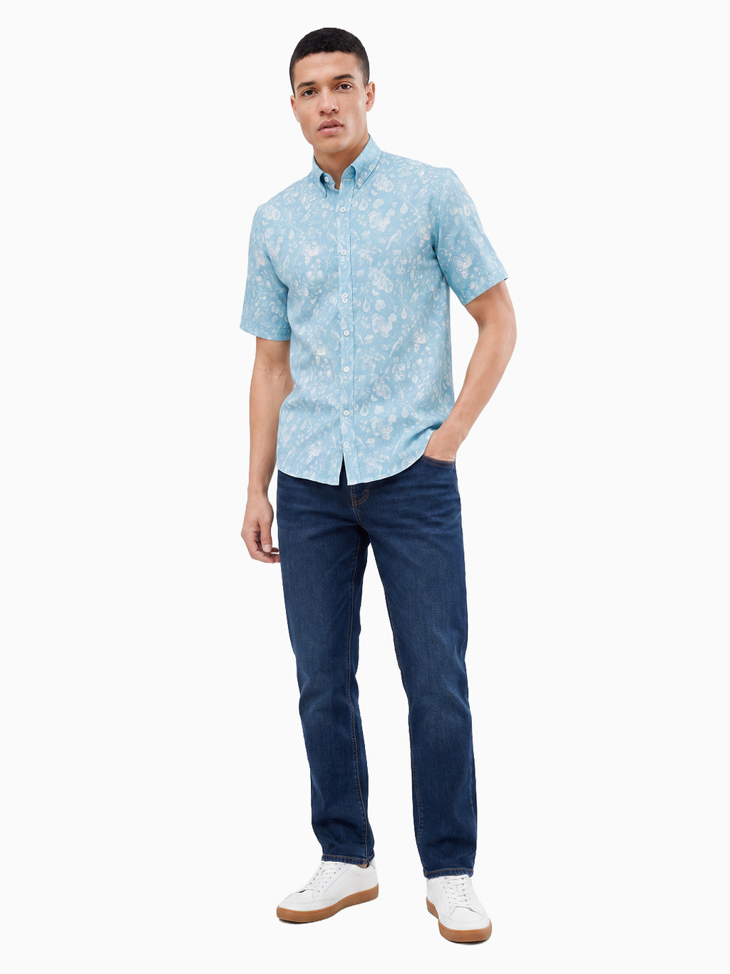 Aqualine Sea Blue Printed Cotton Linen Half Sleeve Shirt