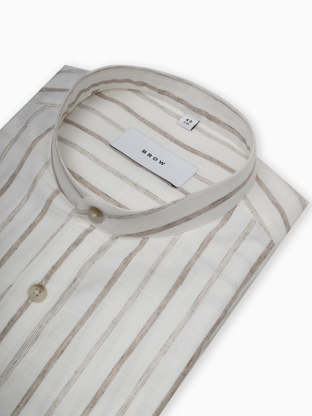 Airlight White & Natural Beige Wide Stripe Cotton Linen Half Sleeve Mandarin Collar Shirt