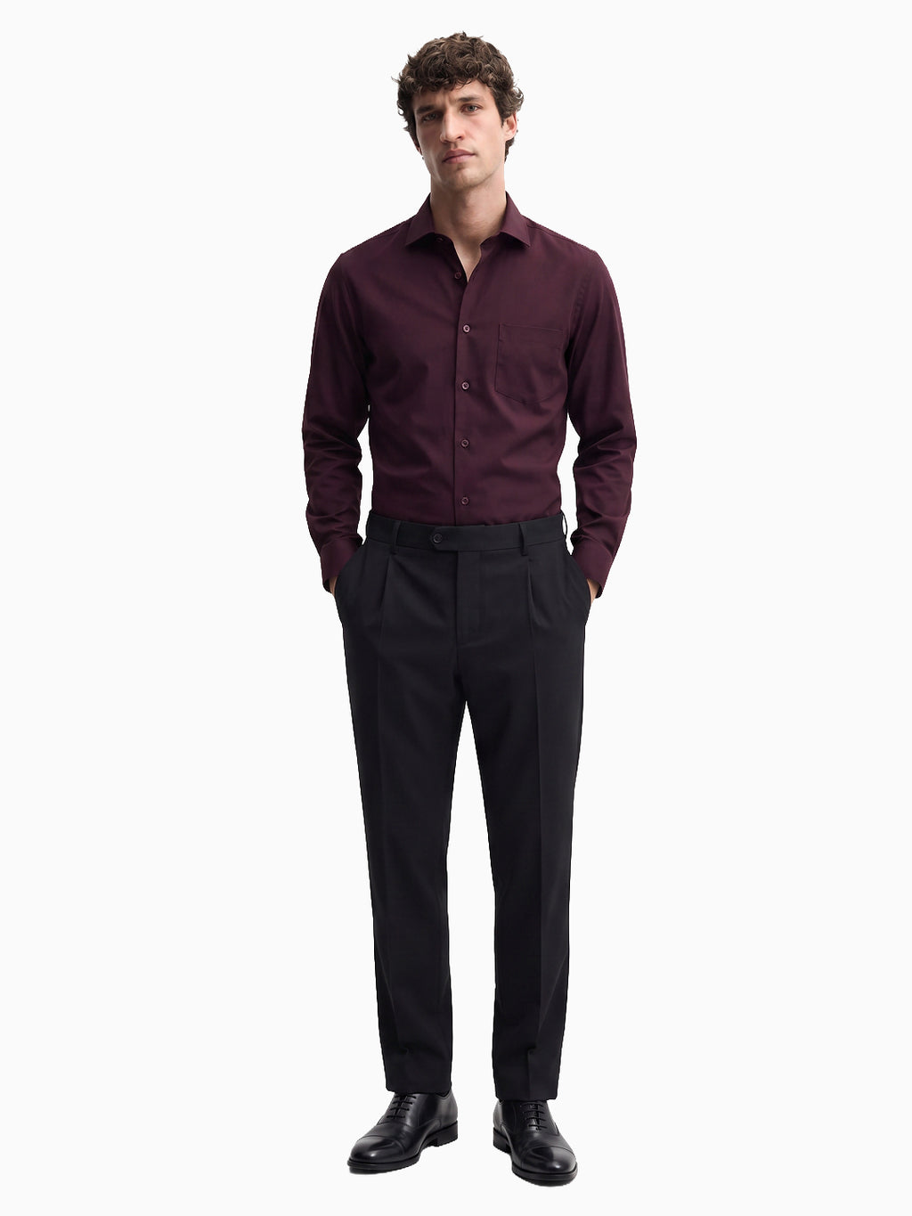 Ceremonia Maroon Satin Cotton Lycra Dress Shirt