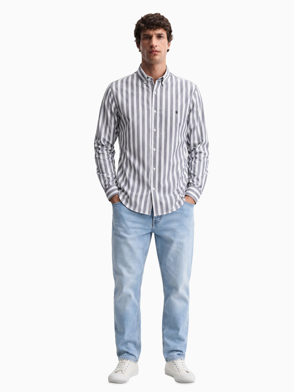 Western Bold White and Dark Grey Striped Oxford Button Down Full sleeve Shirt