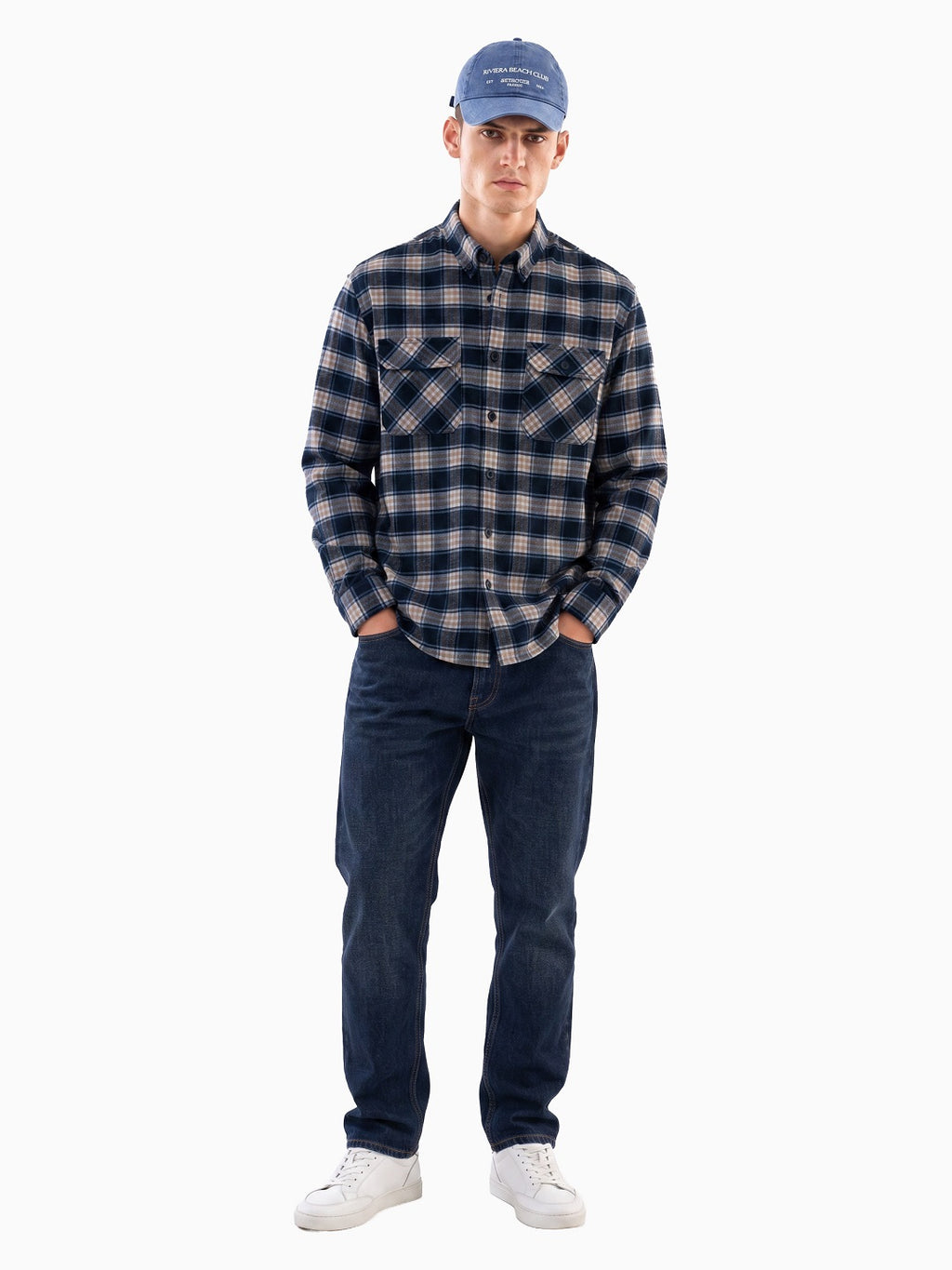 FLANNEL Navy & Khaki Indigo Checks Button-Down Cotton Shirt