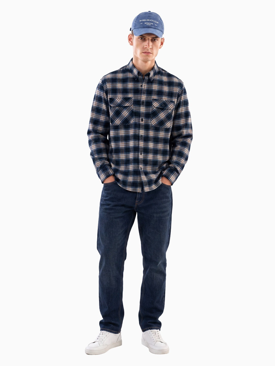 FLANNEL Navy & Khaki Indigo Checks Button-Down Cotton Shirt