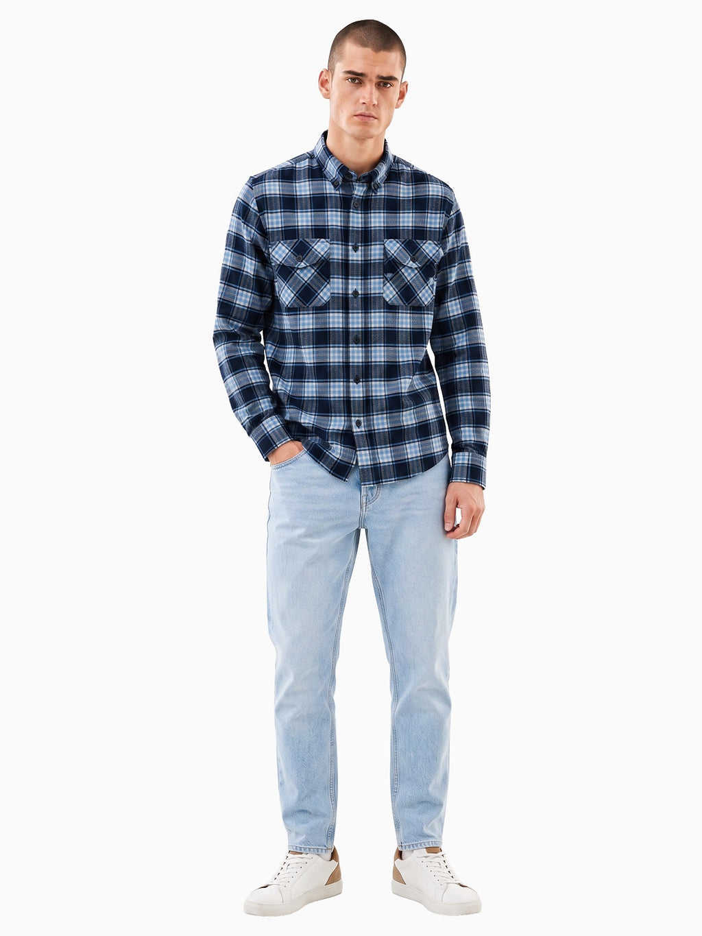 FLANNEL Navy & Light Blue Checks Button-Down Cotton Shirt