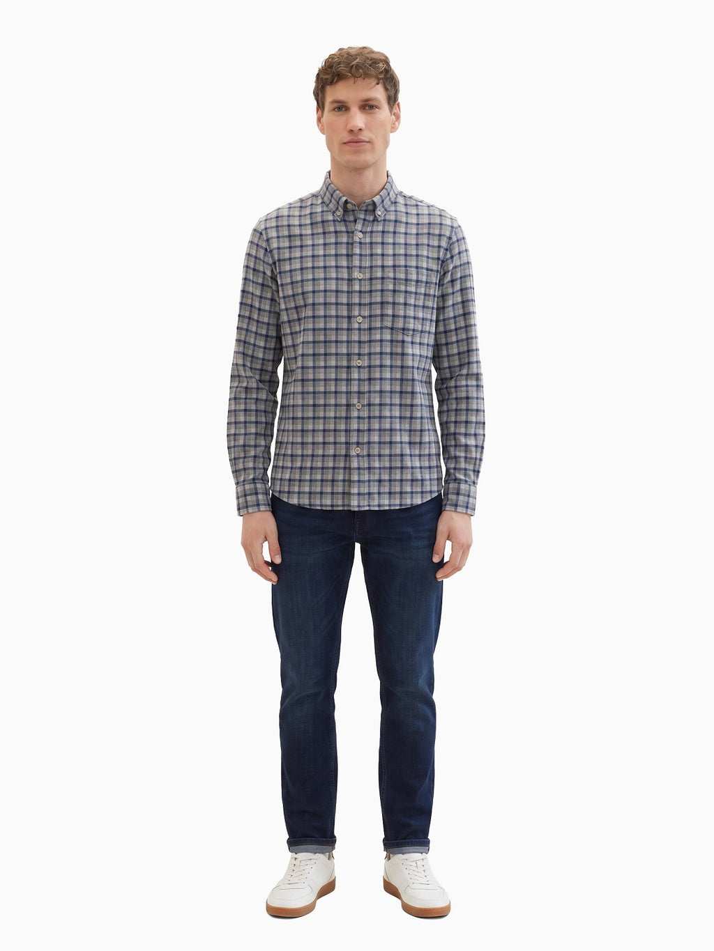 FLANNEL Indigo Blue & Grey Checks Cotton Button-Down Shirt