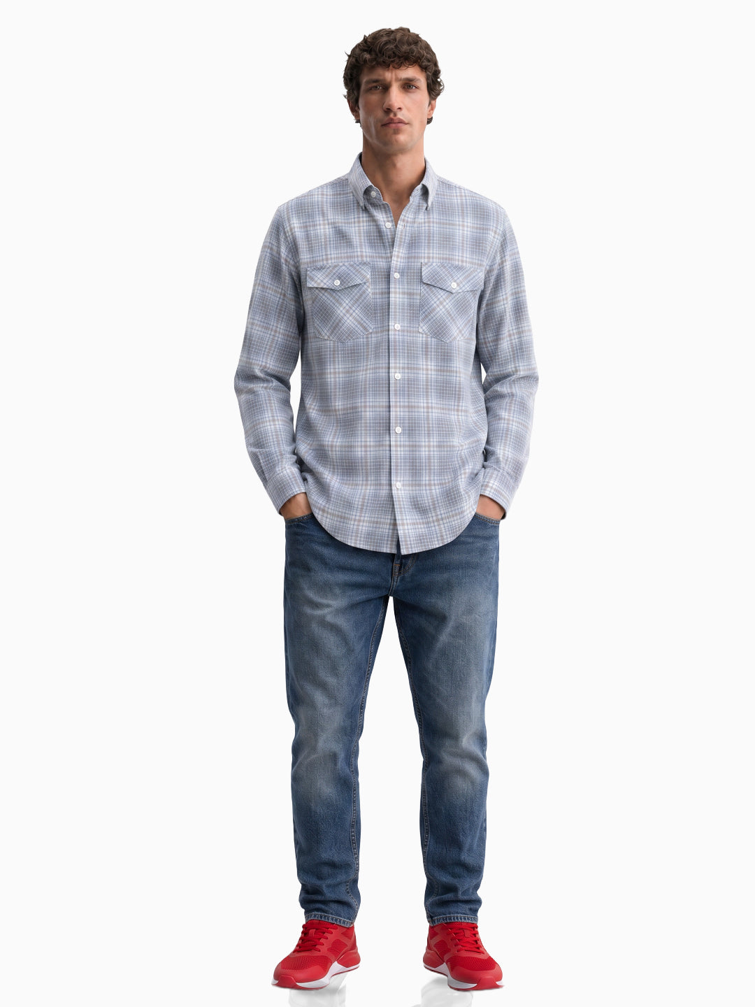 Casual Corduroy Grey & Blue Cotton Shirt