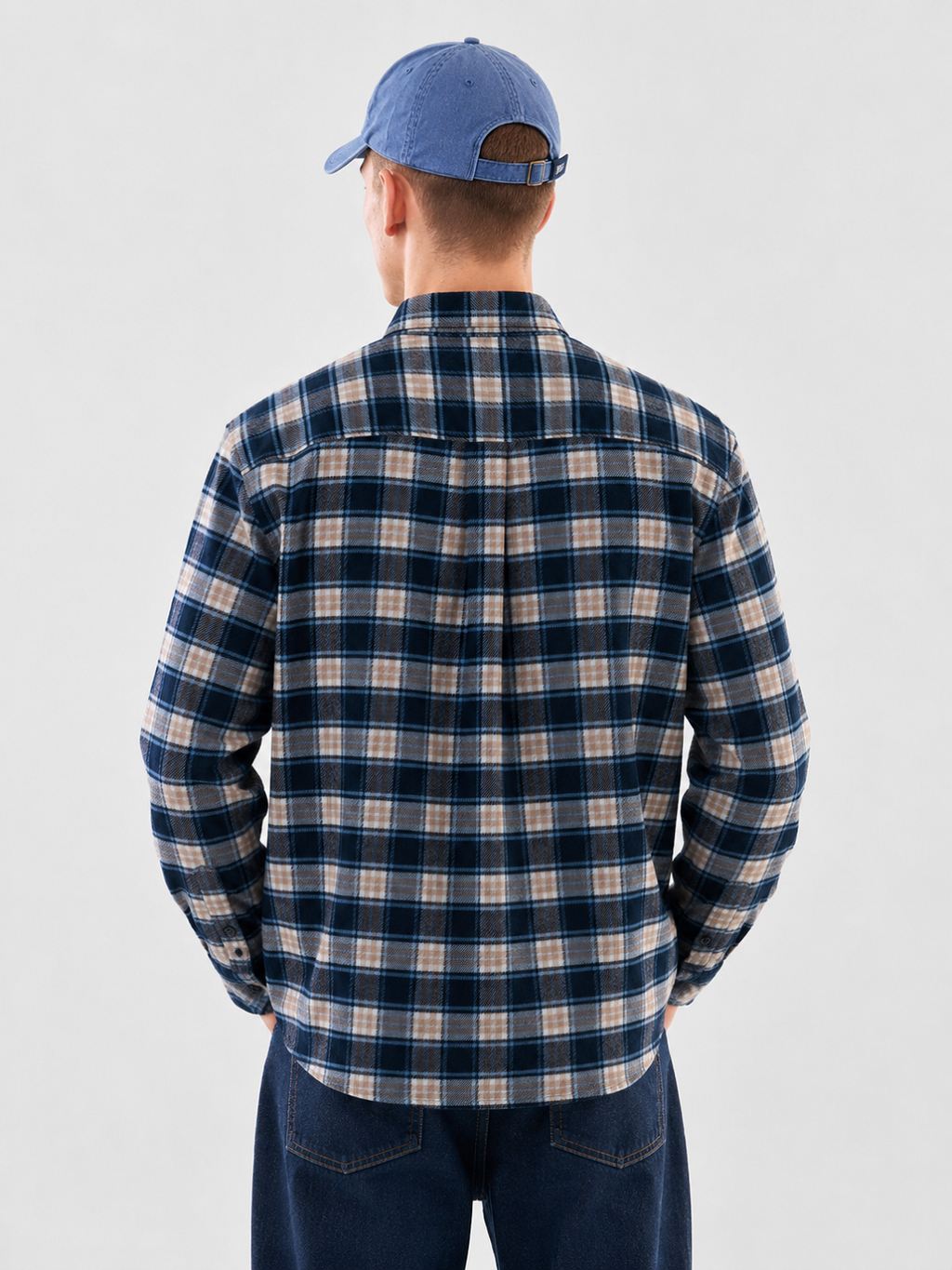 FLANNEL Navy & Khaki Indigo Checks Button-Down Cotton Shirt