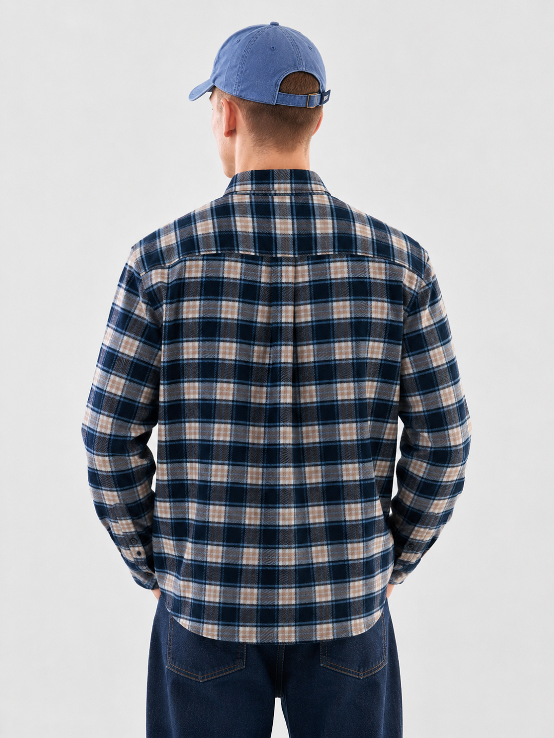 FLANNEL Navy & Khaki Indigo Checks Button-Down Cotton Shirt