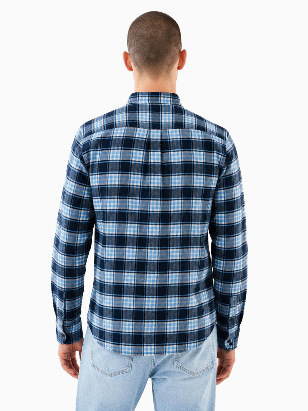 FLANNEL Navy & Light Blue Checks Button-Down Cotton Shirt