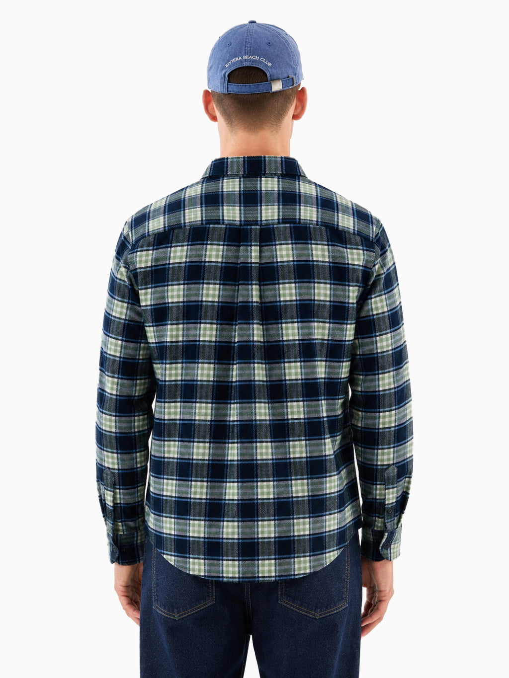 FLANNEL Indigo Blue & Green Checks Button-Down Cotton Shirt