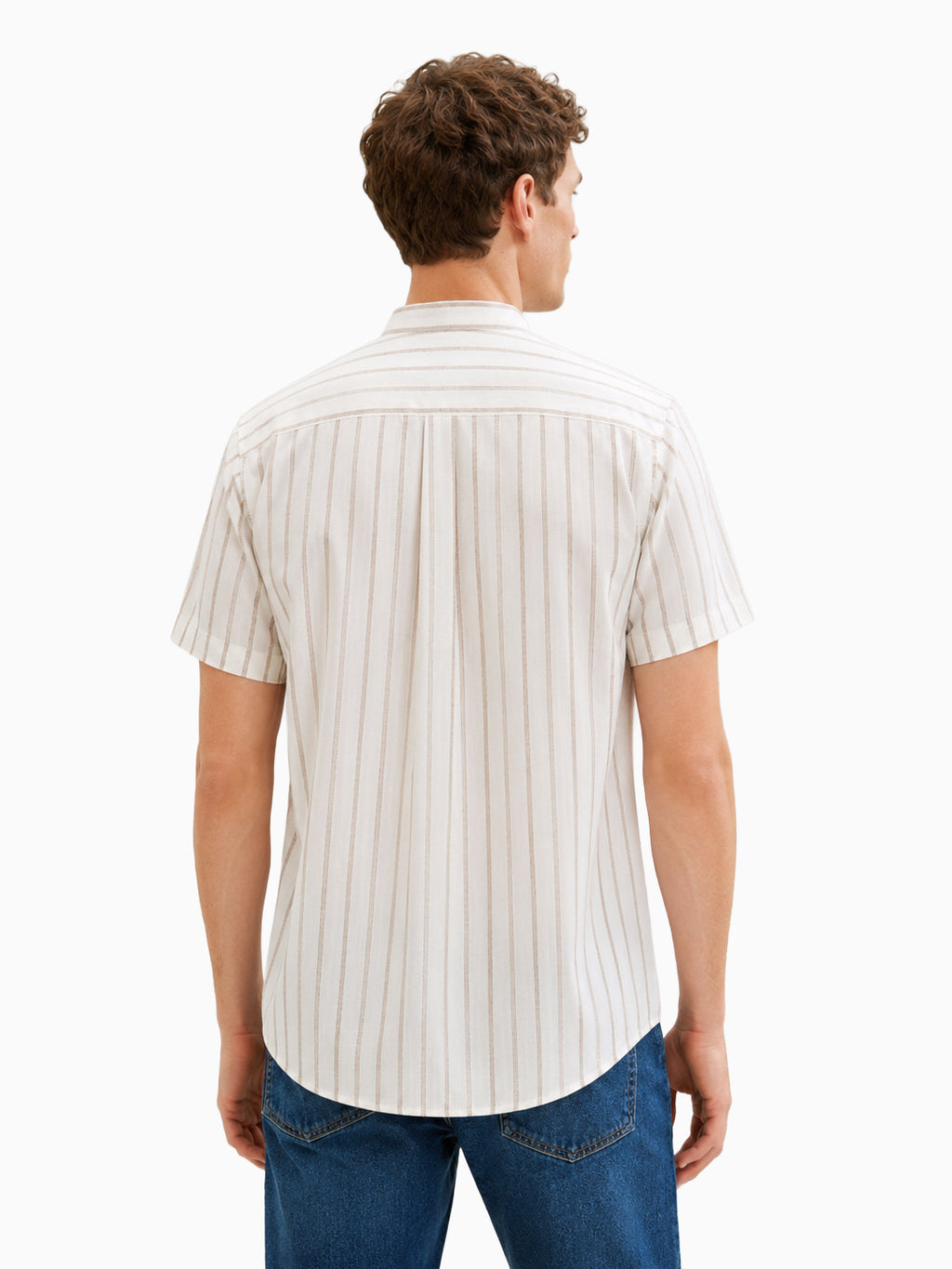 Airlight White & Natural Beige Wide Stripe Cotton Linen Half Sleeve Mandarin Collar Shirt