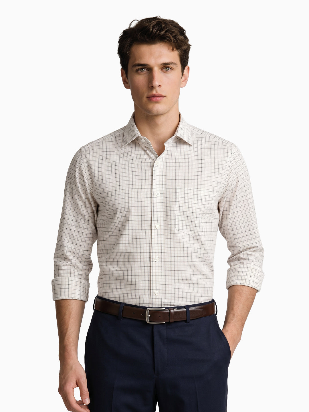 Skyfall Tile Dobby Beige Checked Formal Cotton Shirt