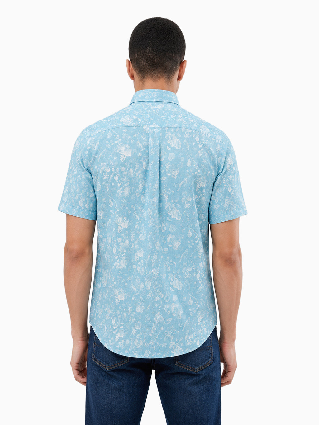 Aqualine Sea Blue Printed Cotton Linen Half Sleeve Shirt