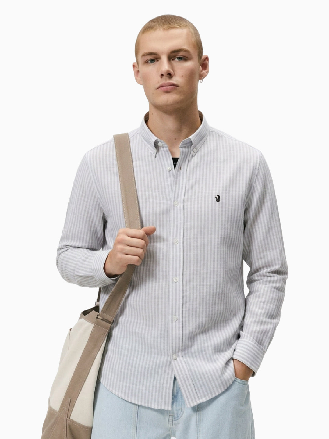 Mint Grey & White Striped Slub Cotton Shirt