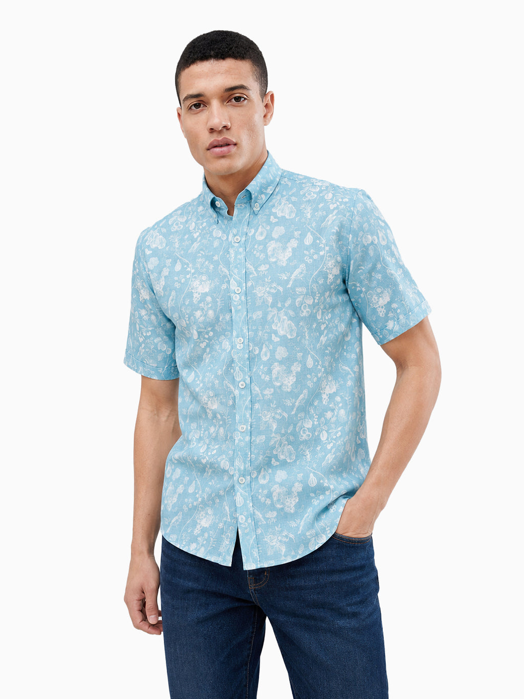 Aqualine Sea Blue Printed Cotton Linen Half Sleeve Shirt