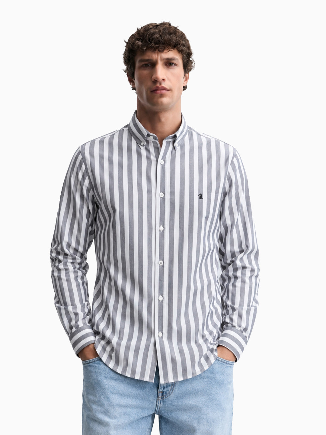 Western Bold White and Dark Grey Striped Oxford Button Down Full sleeve Shirt