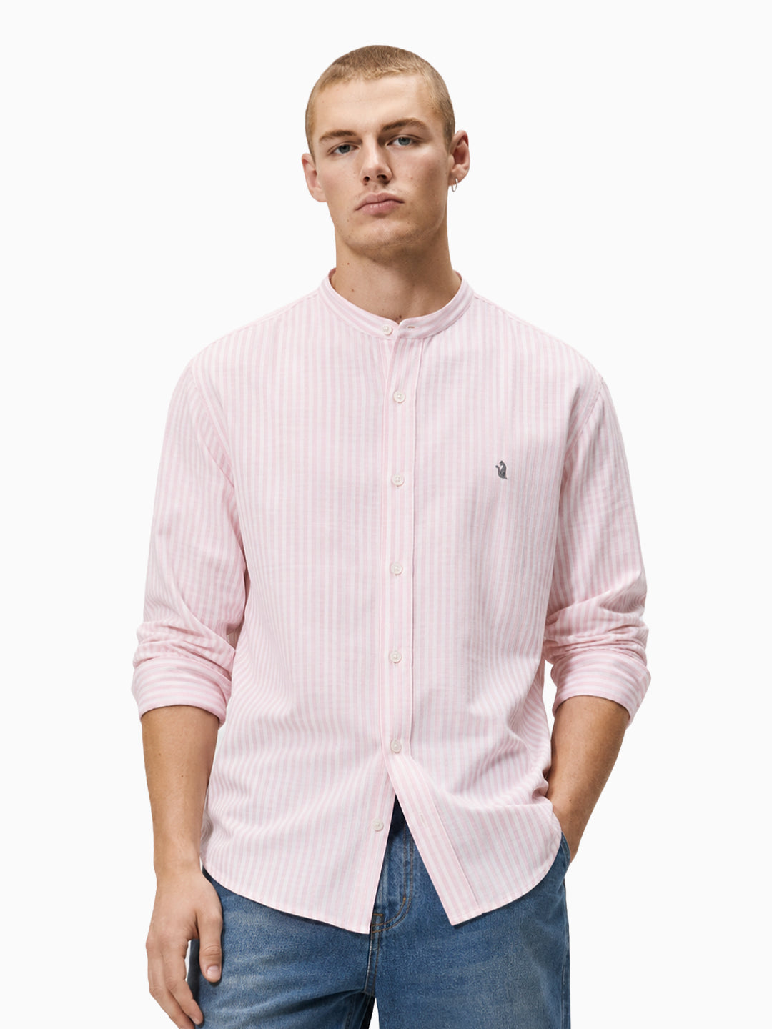 Mint Pink & White Striped Slub Cotton Shirt