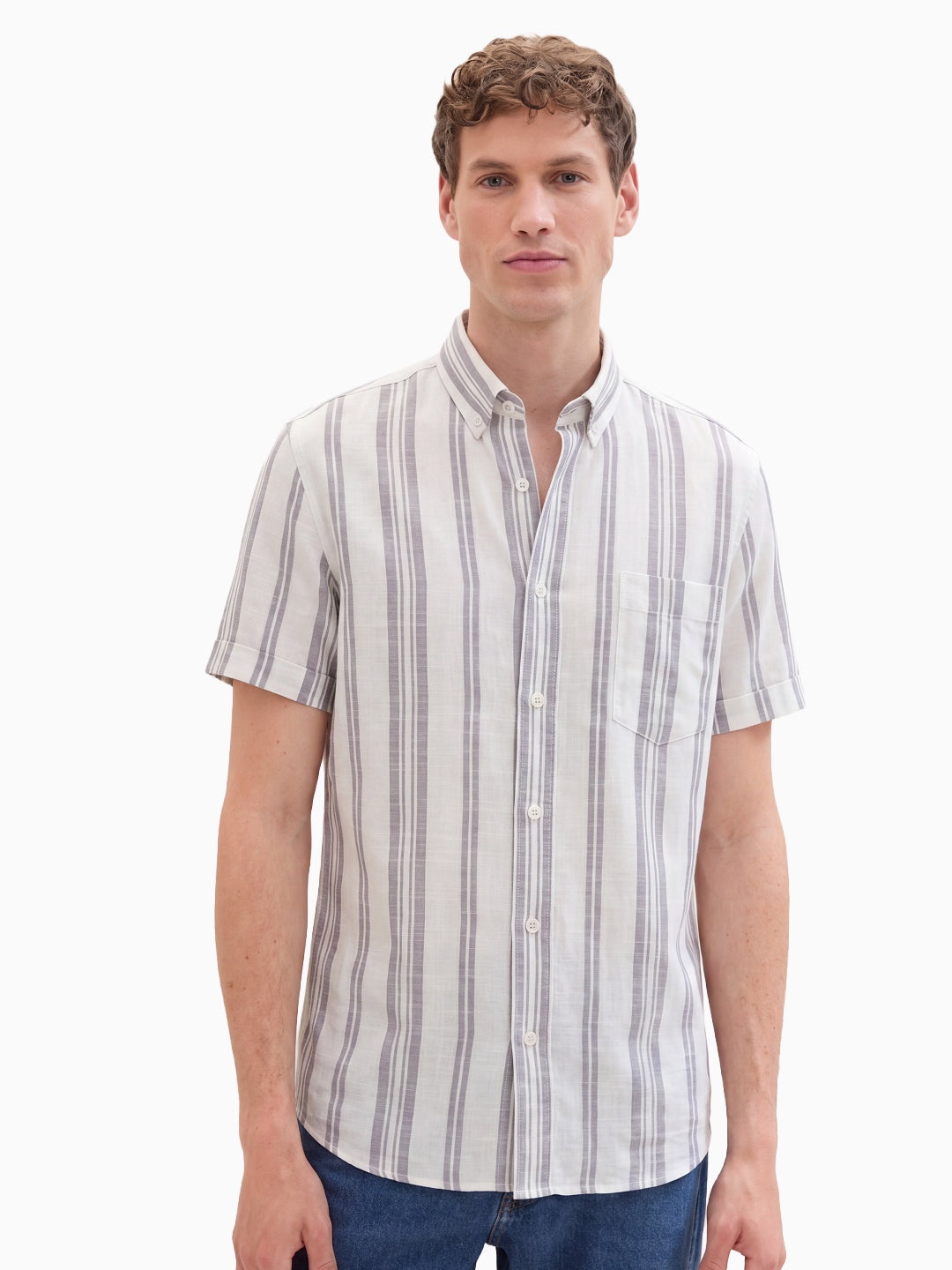 Regiment Beige Bold Stripe Cotton Linen Half Sleeve Button Down Shirt