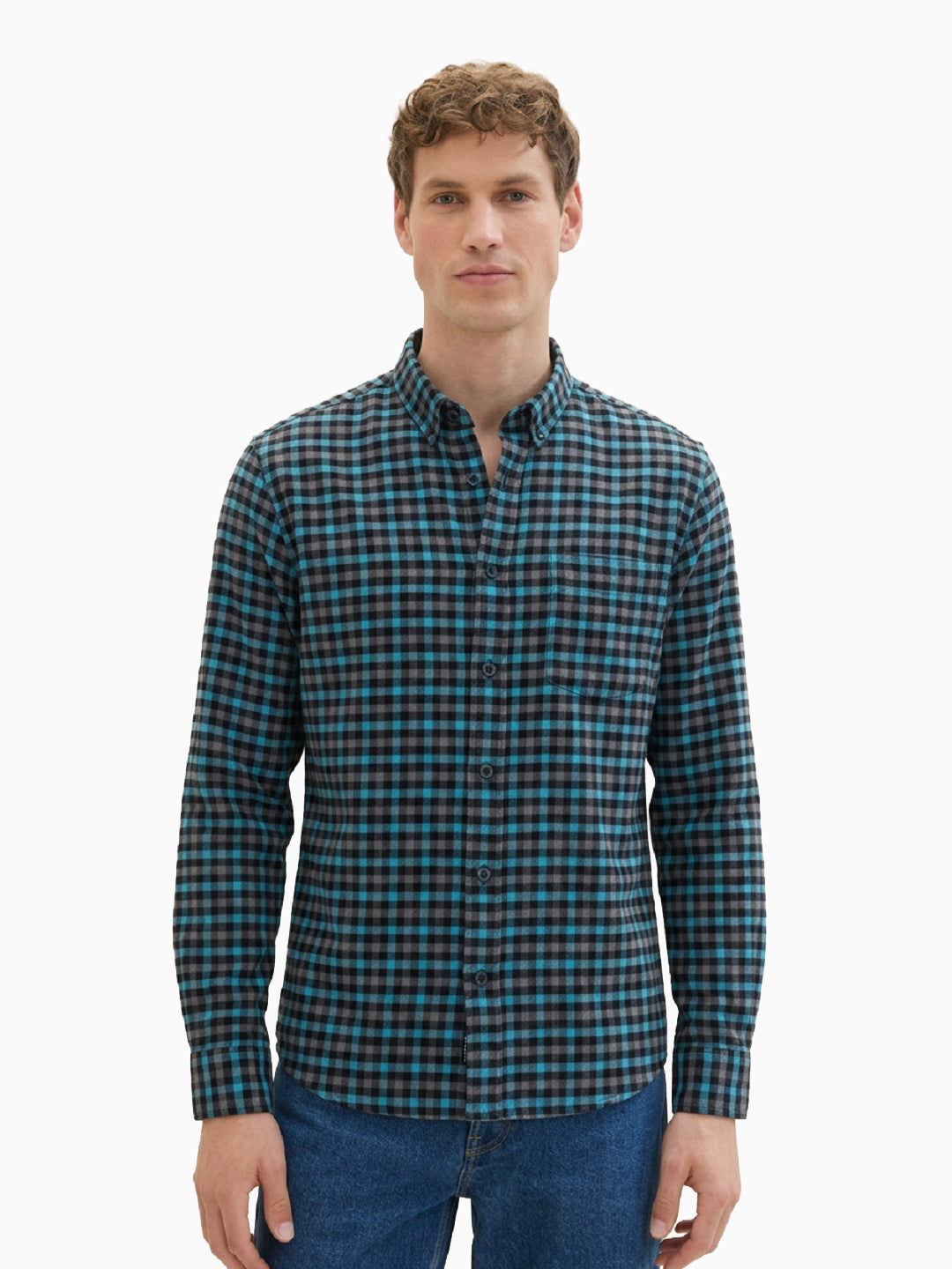 FLANNEL Teal & Black Gingham Checks Button-Down Cotton Shirt