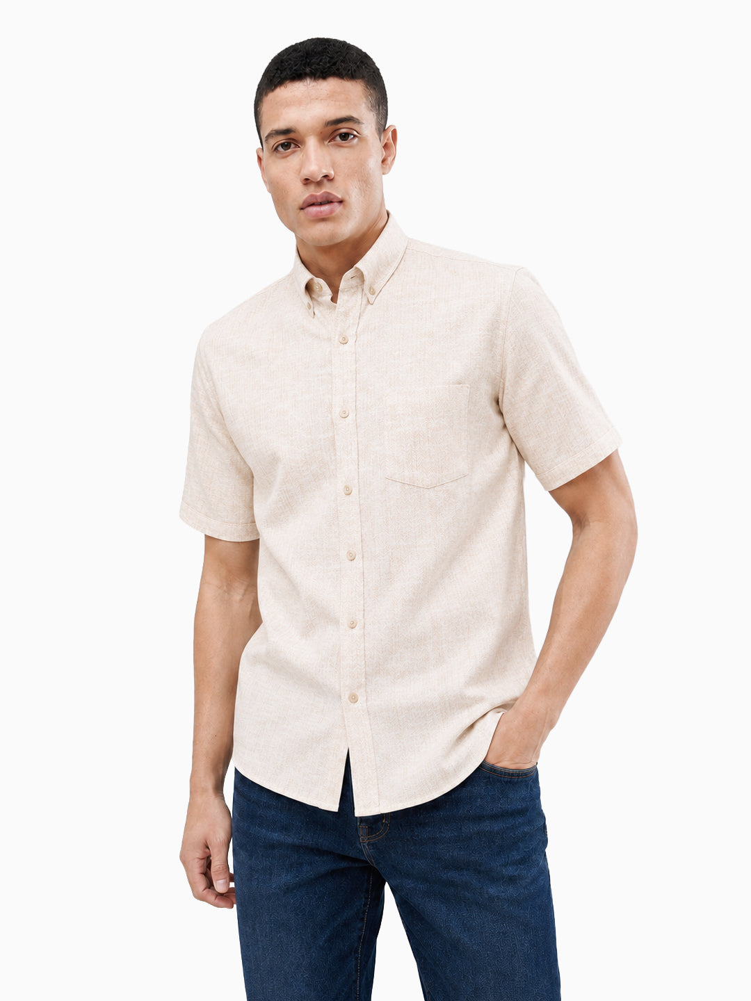 Slate Herringbone Print Beige Color Half Sleeve Shirt