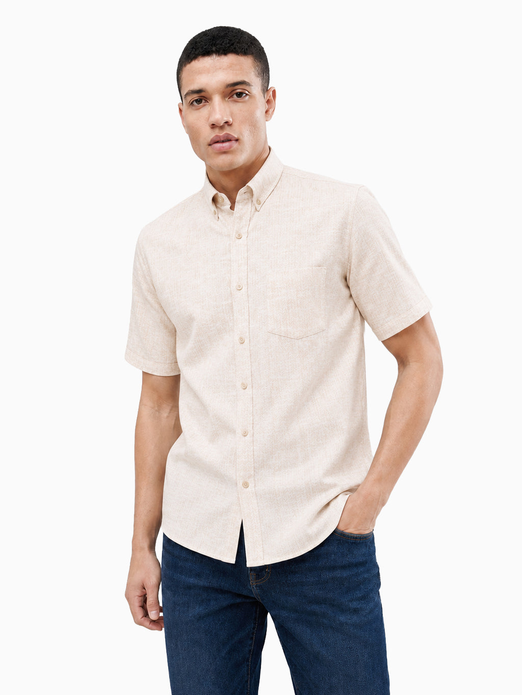 Slate Herringbone Print Beige Color Half Sleeve Shirt