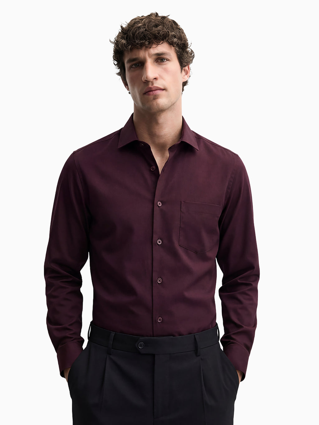 Ceremonia Maroon Satin Cotton Lycra Dress Shirt