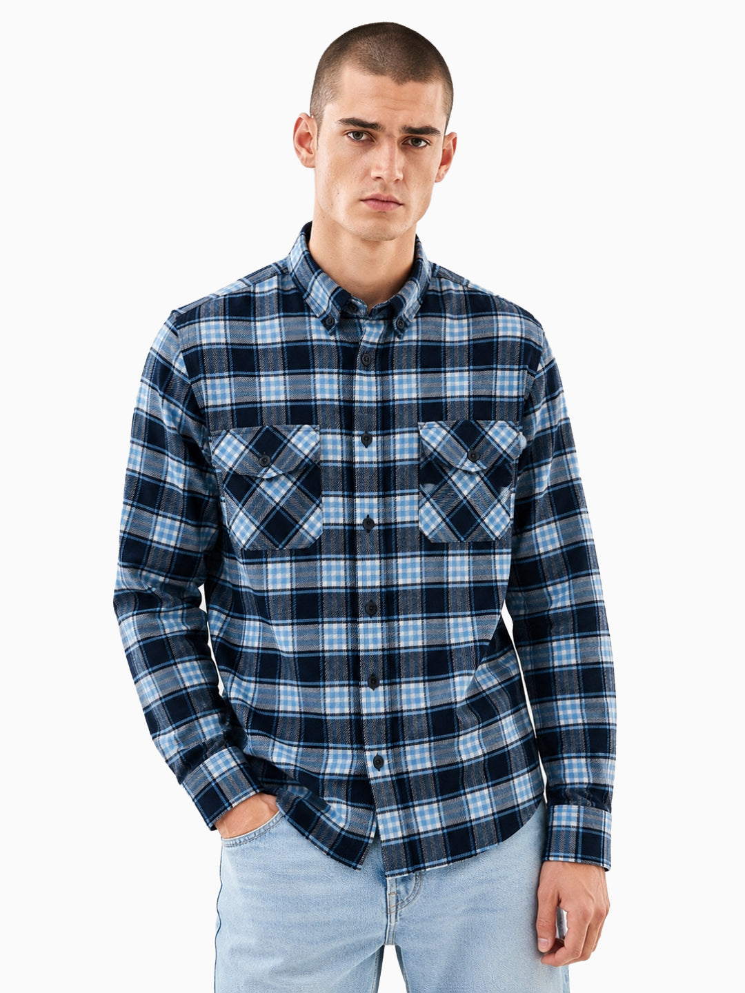 FLANNEL Navy & Light Blue Checks Button-Down Cotton Shirt