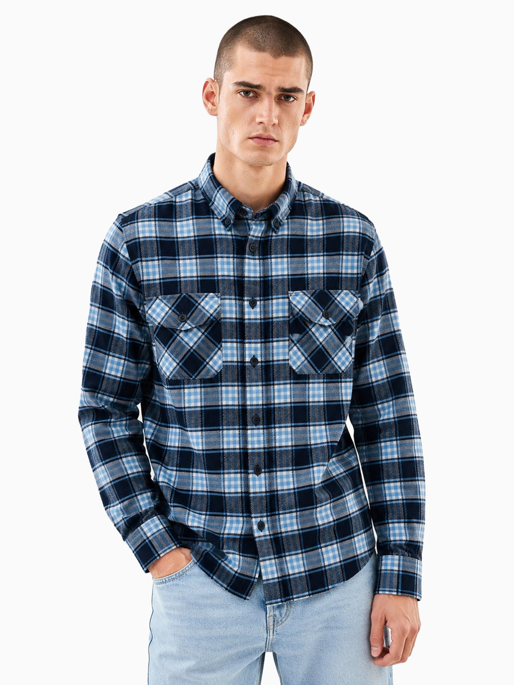FLANNEL Navy & Light Blue Checks Button-Down Cotton Shirt