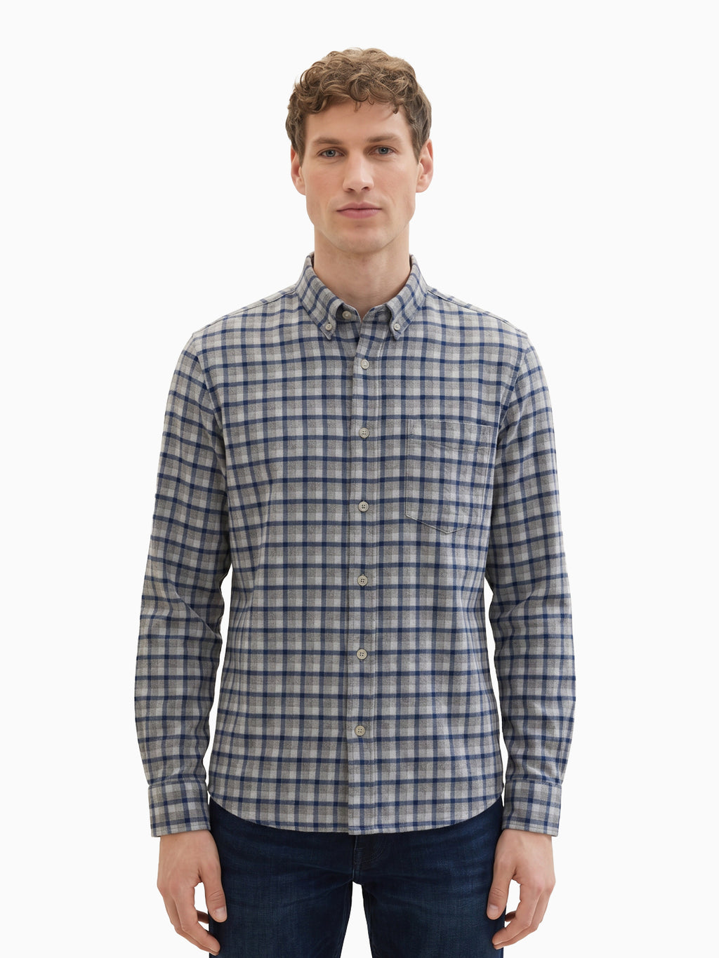 FLANNEL Indigo Blue & Grey Checks Cotton Button-Down Shirt