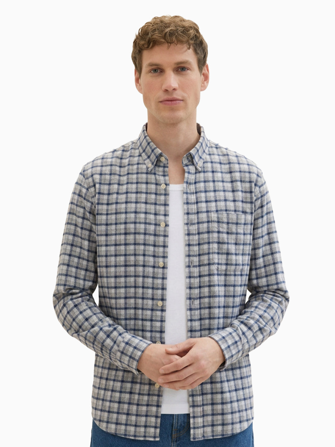 FLANNEL Indigo Blue & Grey Checks Cotton Button-Down Shirt