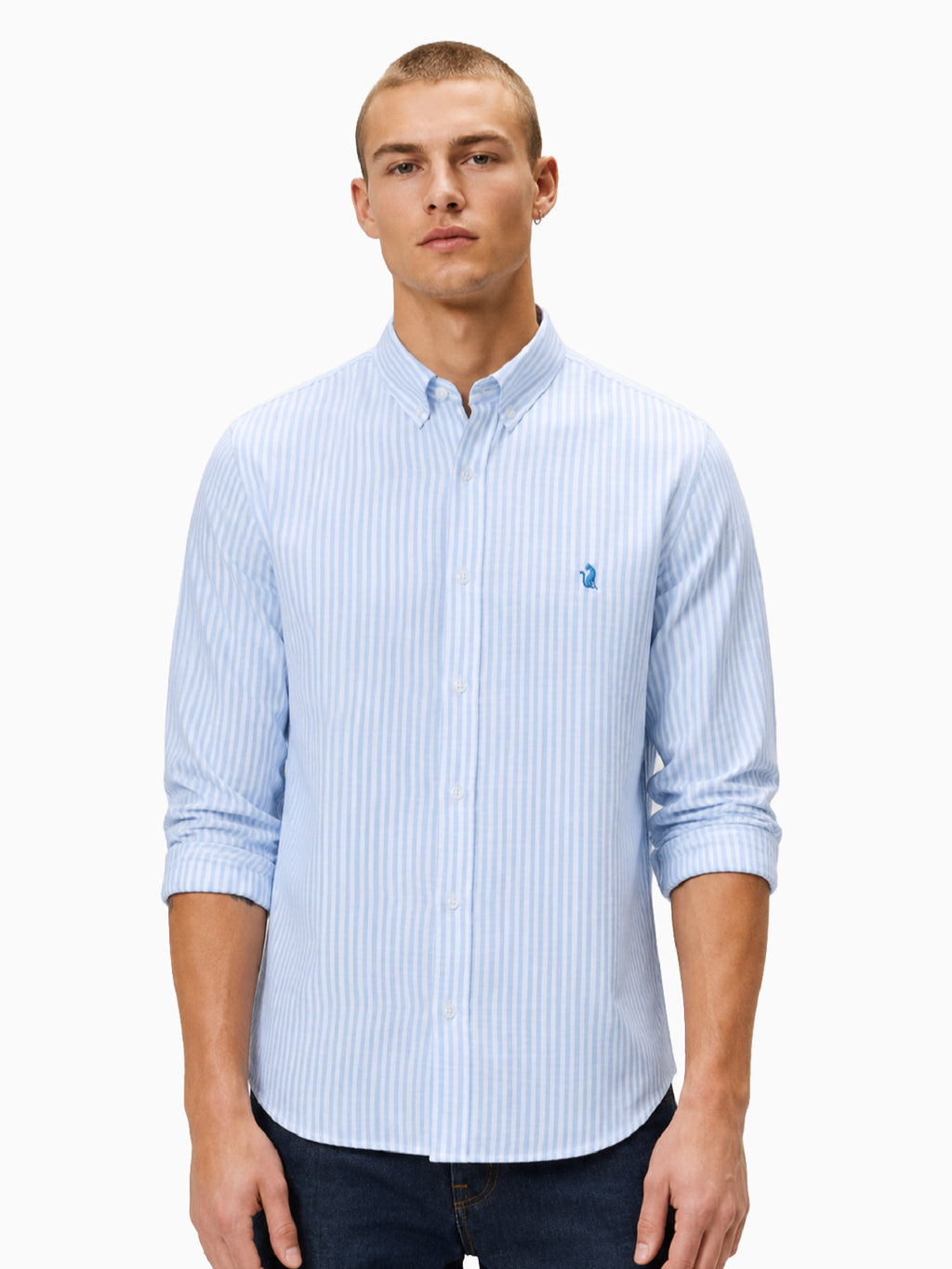 Mint Light Blue & White Striped Slub Cotton Shirt