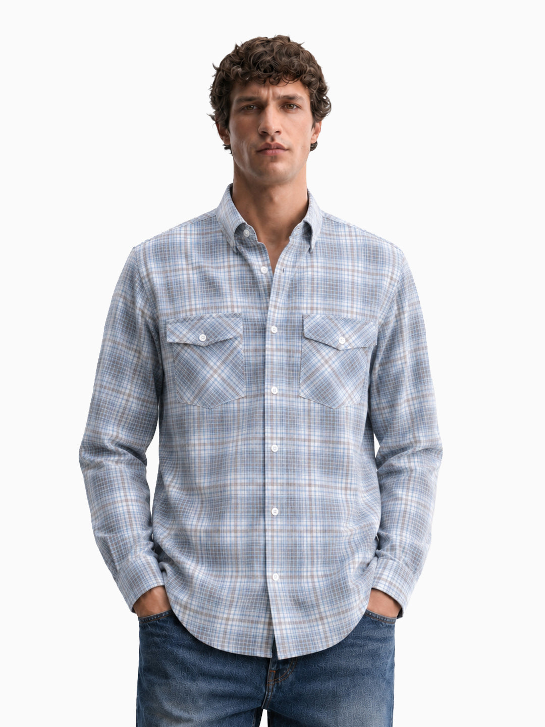 Casual Corduroy Grey & Blue Cotton Shirt