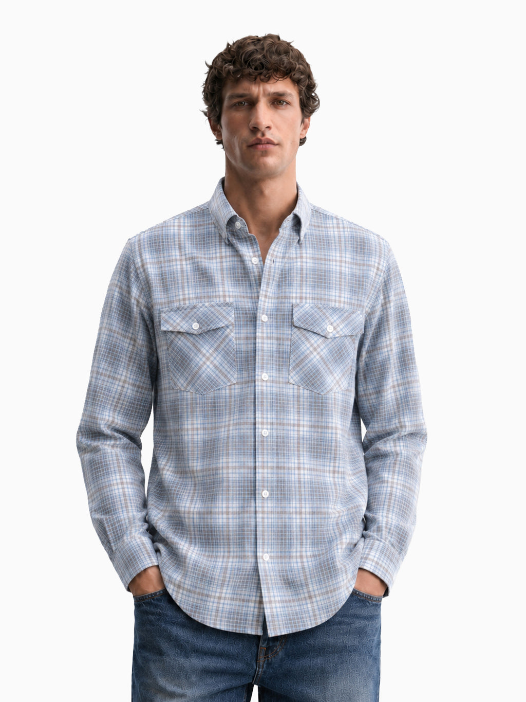 Casual Corduroy Grey & Blue Cotton Shirt