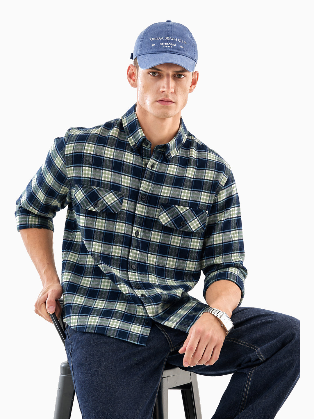 FLANNEL Indigo Blue & Green Checks Button-Down Cotton Shirt