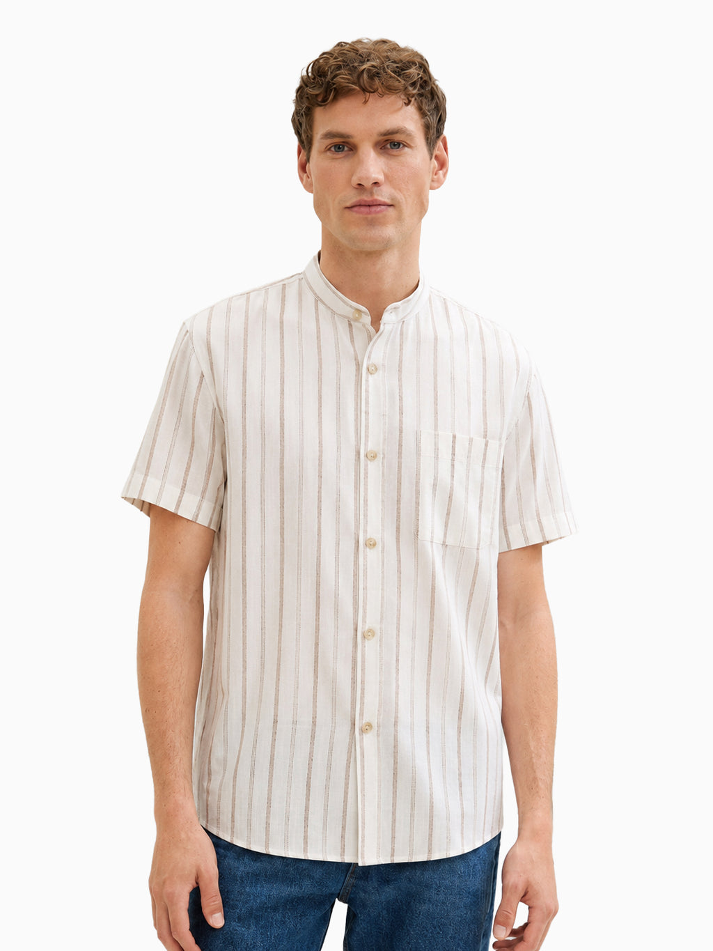 Airlight White & Natural Beige Wide Stripe Cotton Linen Half Sleeve Mandarin Collar Shirt