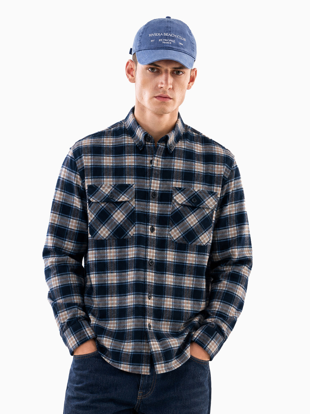 FLANNEL Navy & Khaki Indigo Checks Button-Down Cotton Shirt