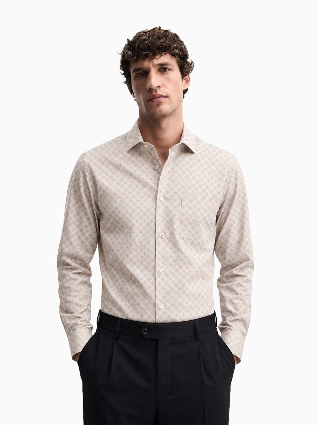 Ornate Beige Diamond Print Cotton Lycra Full Sleeve Shirt