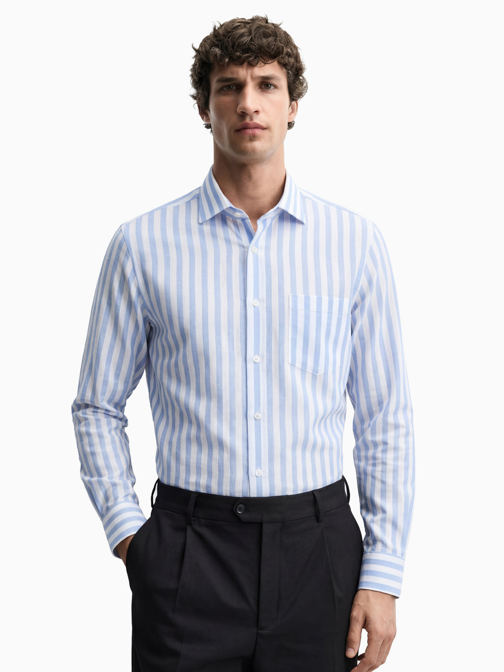 Urban Blue & White Stripe Cotton Linen Full Sleeve Shirt
